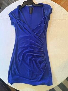 Norma Kamali Cobalt Blue Short Sleeve Wrap-Detail Mini Dress